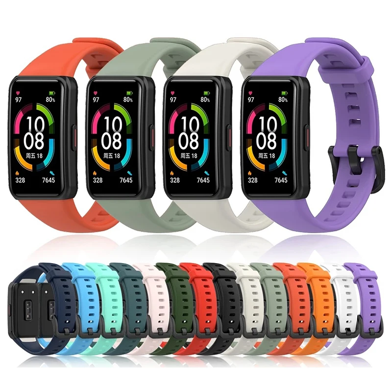 

Smart Bracelet Wristband For Huawei Band 6 Honor Band6 Pure Color Sport TPU Watch Strap Black Buckle