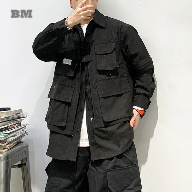 

High Quality Liner Sleeves Detachable Multi-Pocket Cargo Jacket Men Clothing Japanese Streetwear Shirt Vest Harajuku Coats Male
