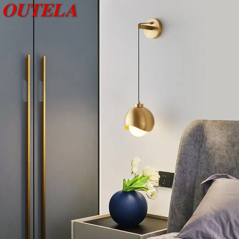 

OUTELA Contemporary LED Internal Wall Sconce Brass Creative Simplicity Gold Glass Bedside Lamp for Home Bedroom Decor