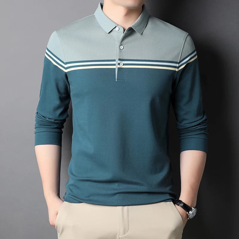 

Mens Polo Shirts Contrast color 100%Cotton Casual Korean Long Sleeve Lapel High End Slim Fit Fashion Spring Autumn Soft Classic