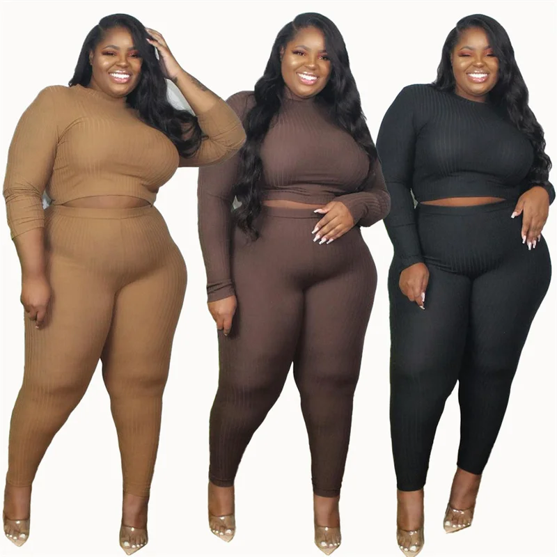 Plus Size Women Clothing Fashion Sexy Outfits Long Sleeve Top and Pants Bodycon Ribbed Two Piece Set Dro 3xl 4xl 5xl 6xl