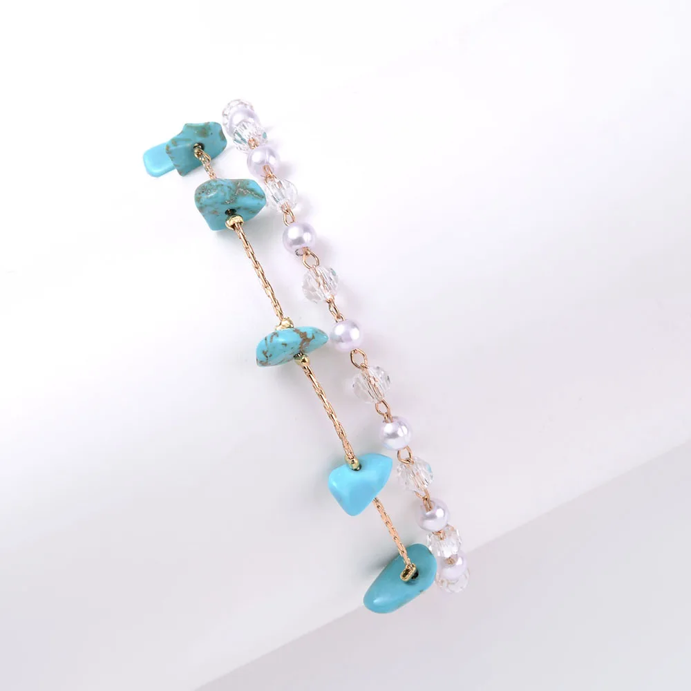 Женский минималистичный браслет с двойной цепочкой бирюзовый жемчужными