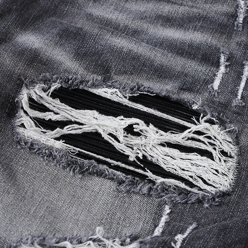 High Street Fashion Men Jeans Retro Dark Gray Stretch Skinny Ripped Jeans Men Black Leather Patched Designer Hip Hop Brand Pants