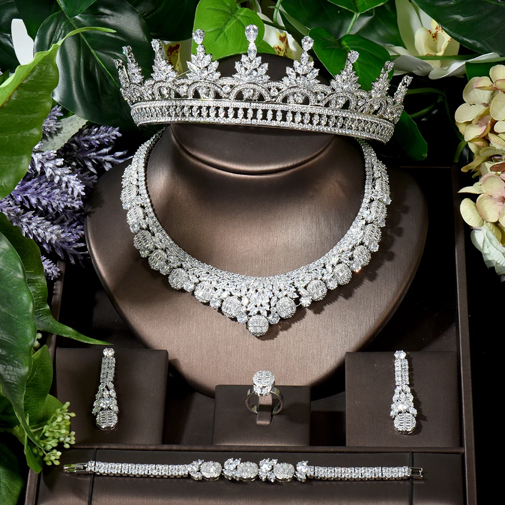 

Fashion Full Beauty Flower Design CZ Jewelry Set 5PCS Wholesale Bridal Crown Statement Choker Jewelry set Wedding Party N-1641