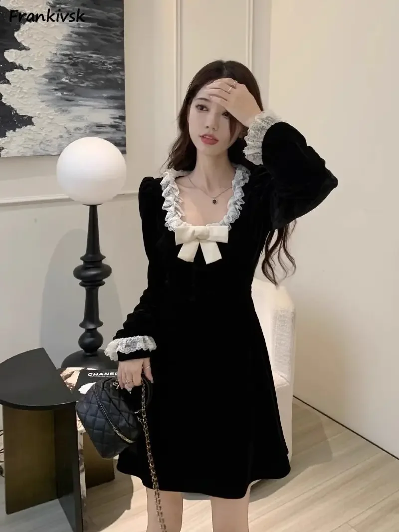 Винтажное черное платье женское весеннее с длинным рукавом шикарное вечернее