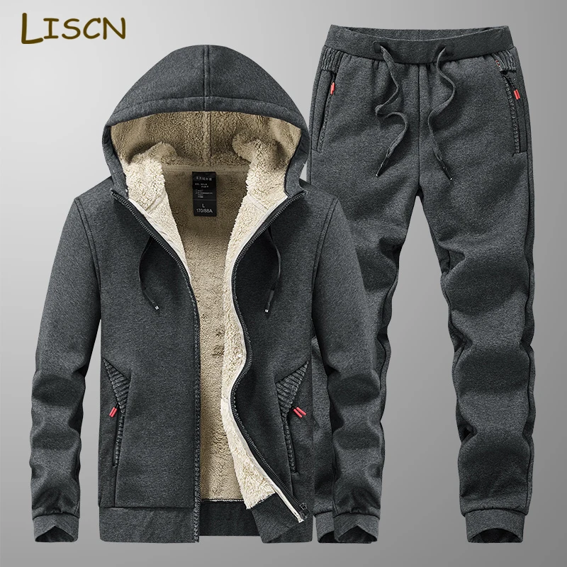 

Мужской спортивный костюм с капюшоном, новинка 2023, зимняя модная флисовая подкладка, сохраняющая тепло, свободные мужские повседневные спортивные брюки