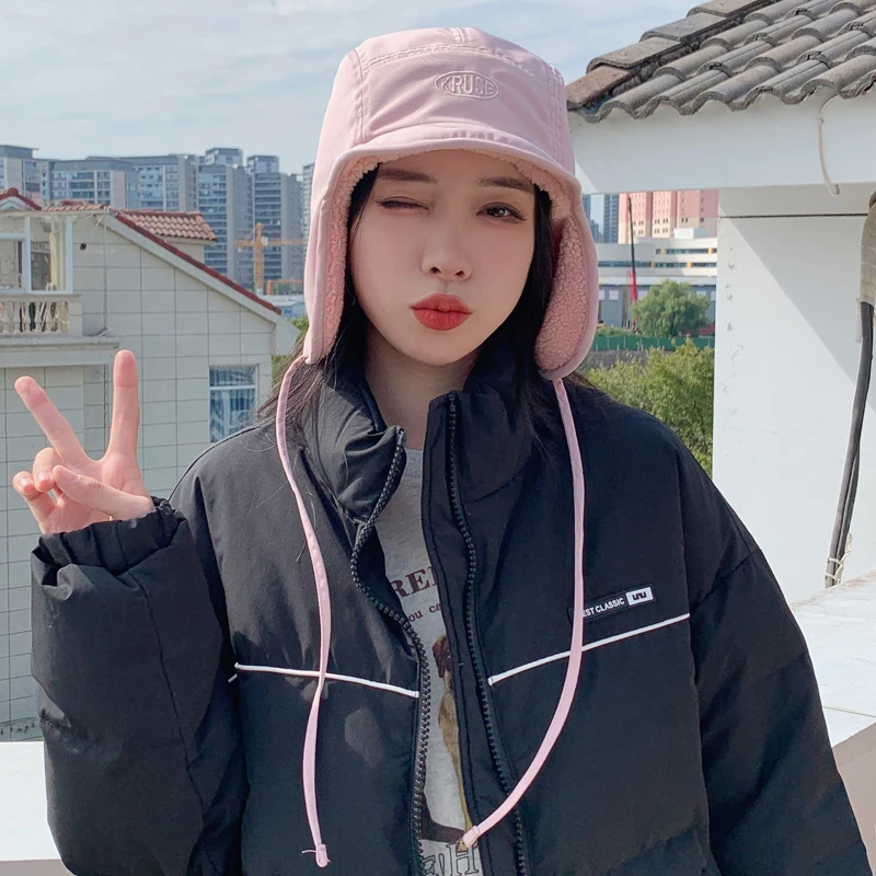 

Pink Bomber Cap for Men Autumn and Winter Versatile Velvet Warm Flight Hat Ins Japanese Ear Protection Women's Hats Gorras