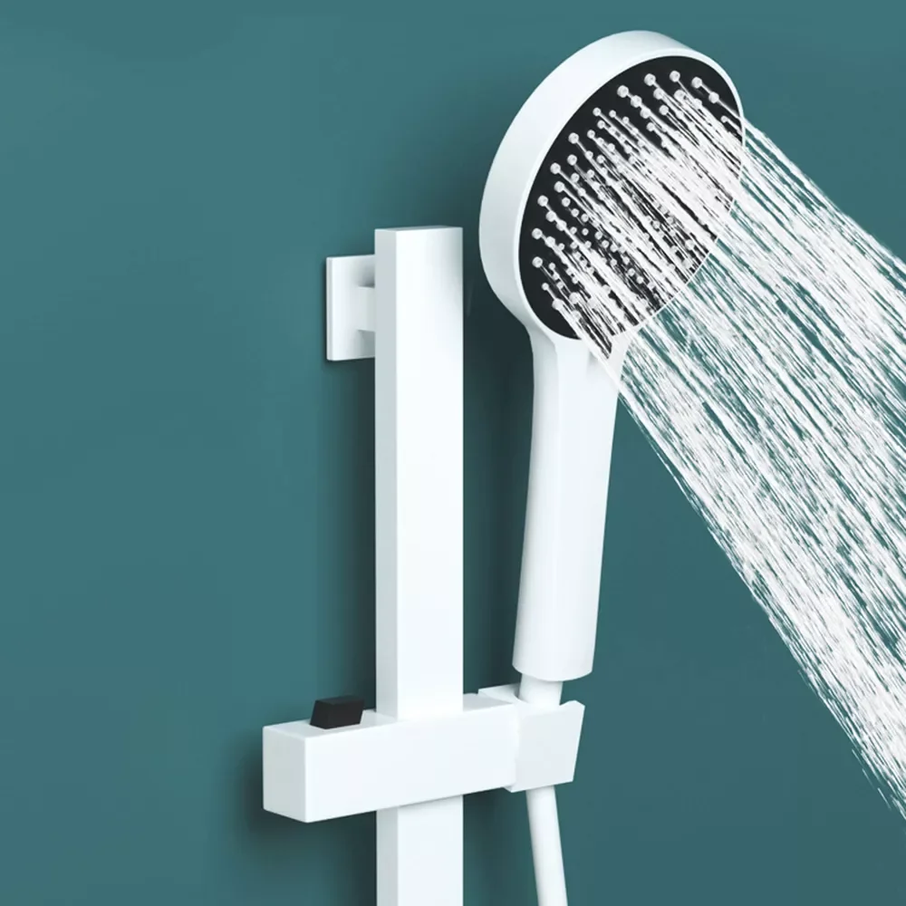 

White Shower Faucet Mixer Memory Temperature Adjustable Height Simple Bath Tap With Large Area Shelf