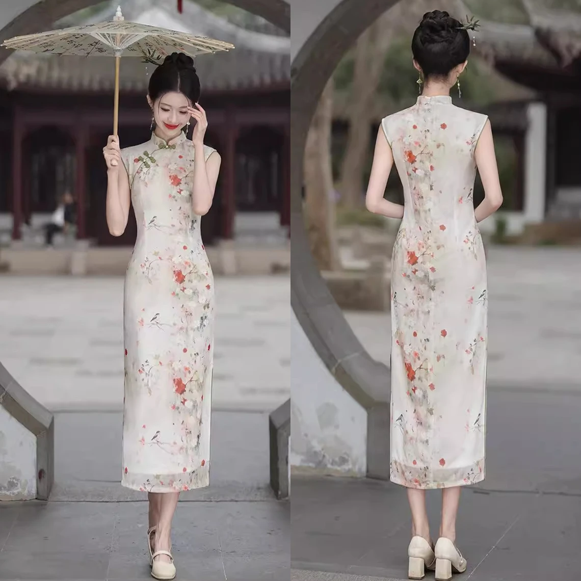 Оптовая продажа Сетчатое китайское платье винтажное цветочное современное