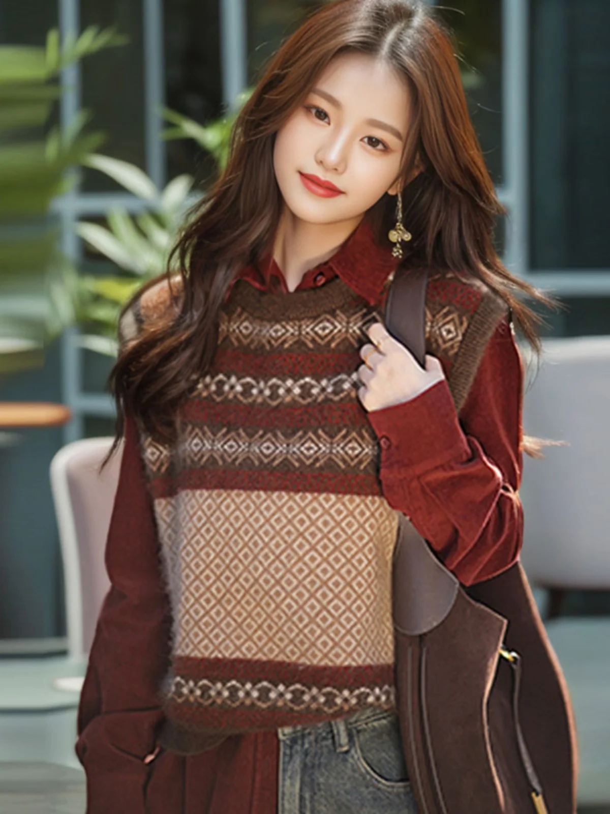 Ouamashi Женская одежда Весенний новый флисовый вязаный жилет в стиле ретро уличный