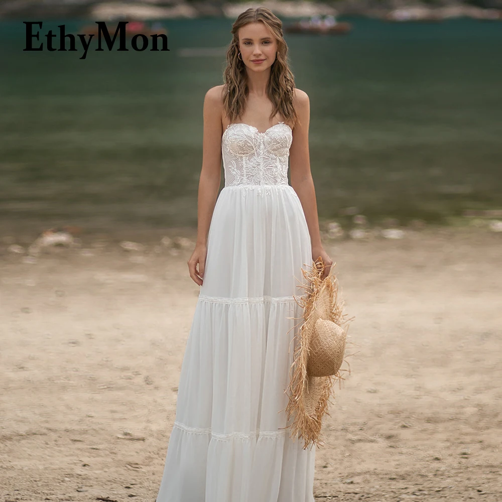 

Ethymon Modern A-line Wedding Gown For Bride Sweetheart Sleeveless Lace Appliques Backless Tulle Robe De Mariée Custom Made