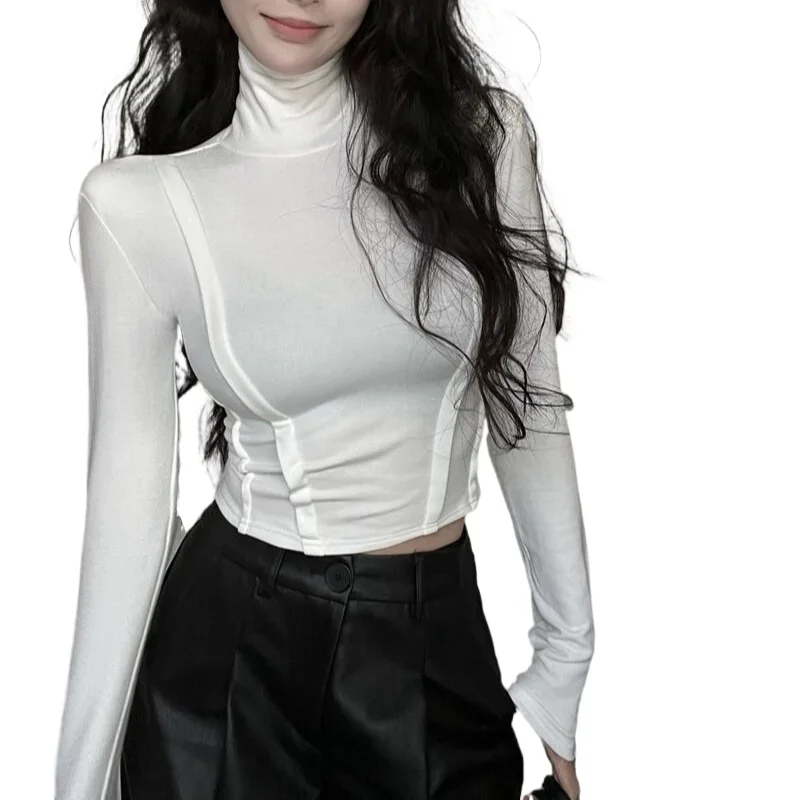 

Autumn Winter Add Velvet Thick Warm Long Sleeve Women Tops Solid Color Slim Waist Bottom T-shirts High Collar Shoulder Pad Tees
