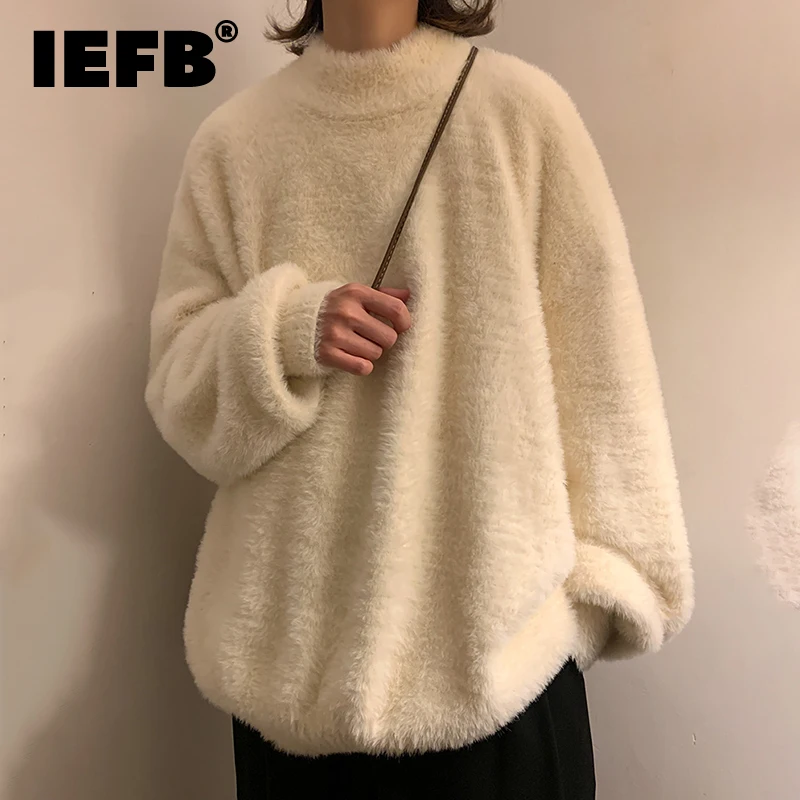 

IEFB Men's Thickened Long Sleeve Pullovers Casual Loose Solid Color Mohair Sweaters 2023 Autumn Male Mock Neck Simple Top 9A6286