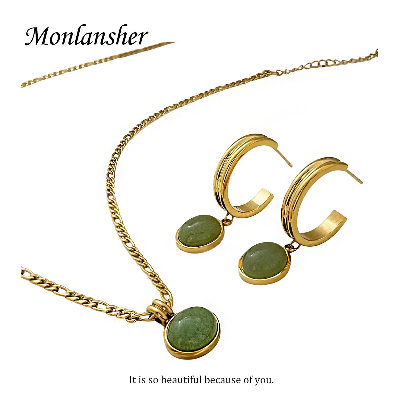 Овальное ожерелье Monlansher с подвеской из натурального зеленого камня набор