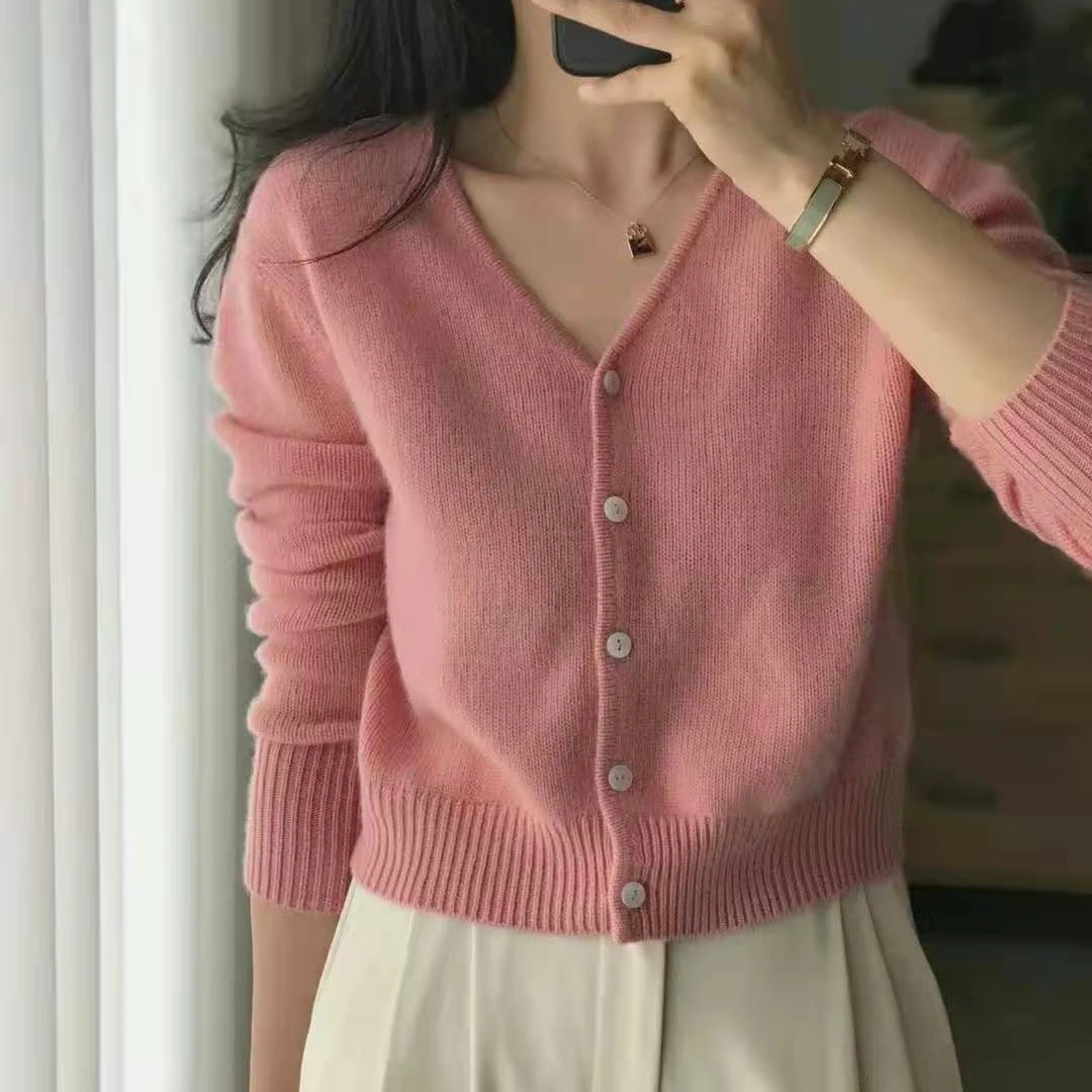 

Новинка Весна-Осень 100%, женский кардиган из мериносовой шерсти с V-образным вырезом, Модный облегающий трикотажный топ, короткая куртка, Популярная Корейская версия