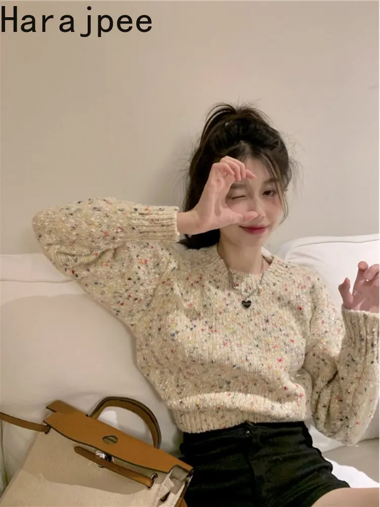 

Модный пуловер Harajpee в Корейском стиле, вязаный свитер, однотонный Универсальный женский осенне-зимний новый милый элегантный короткий топ
