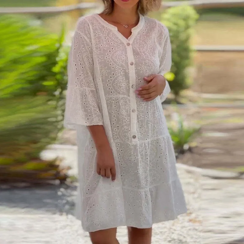 

Chic Flare Sleeve V-neck Solid Short Dress Commute Women Single Breasted Shirt Dress 2023 Elegant Summer Hollow Lace Dresses