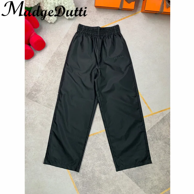 11.11 MagdeDutti Casual Letter Drawstring Elastic High Waist Wide Leg Straight Pants Women