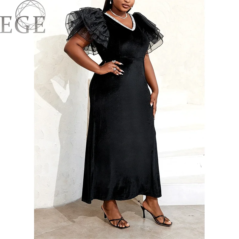 Plus Size Ruffle V Neck Dress Elegant Luxury Velvet Loose 4xl 5xl Plus Size Women's Party Banquet Evening Dress
