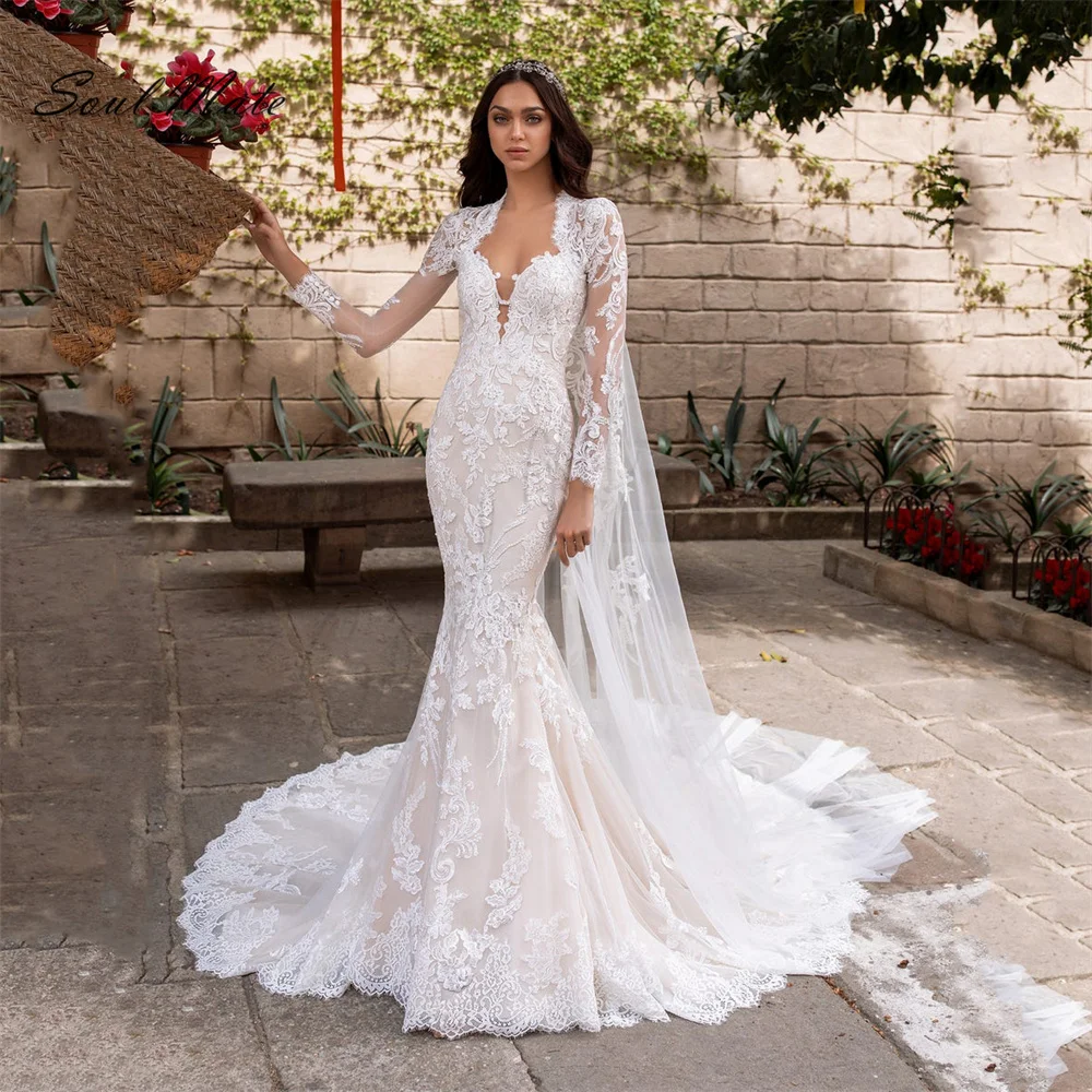 

Exquisite White Mermaid Wedding Dress For Women Lace Appliques Sweetheart Bridal Gown Long Sleeves Bridal Dress Robe De Mariée