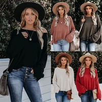new solid color pullover knit sweater round neck pocket loose casual womens sweater women