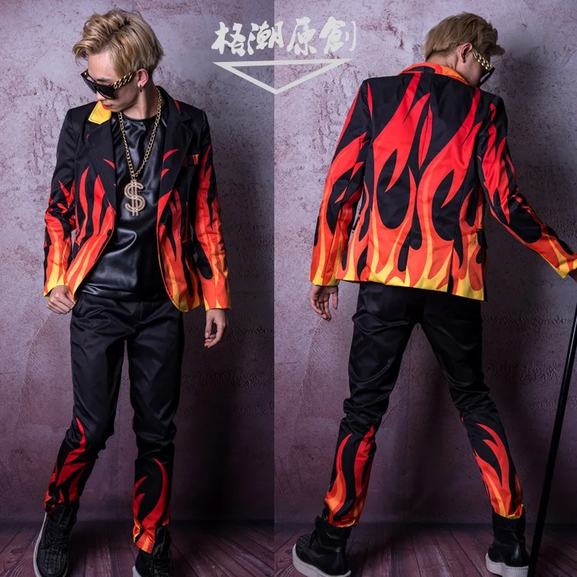 New Men Singer Stage Flame Special Effects Suit Men Long Sleeve Suit Hairdresser Bar Nightclub Performance Clothes Costumes Set