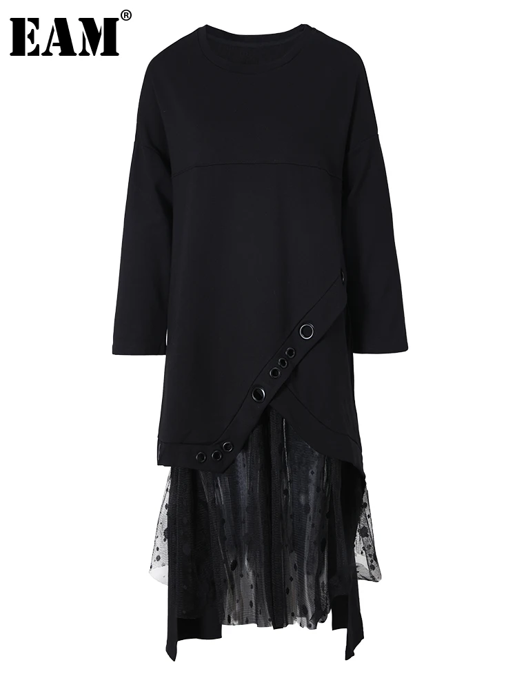 

Женское Сетчатое платье EAM, черное асимметричное платье большого размера с круглым вырезом и длинным рукавом, свободный крой, весна-осень 2022...