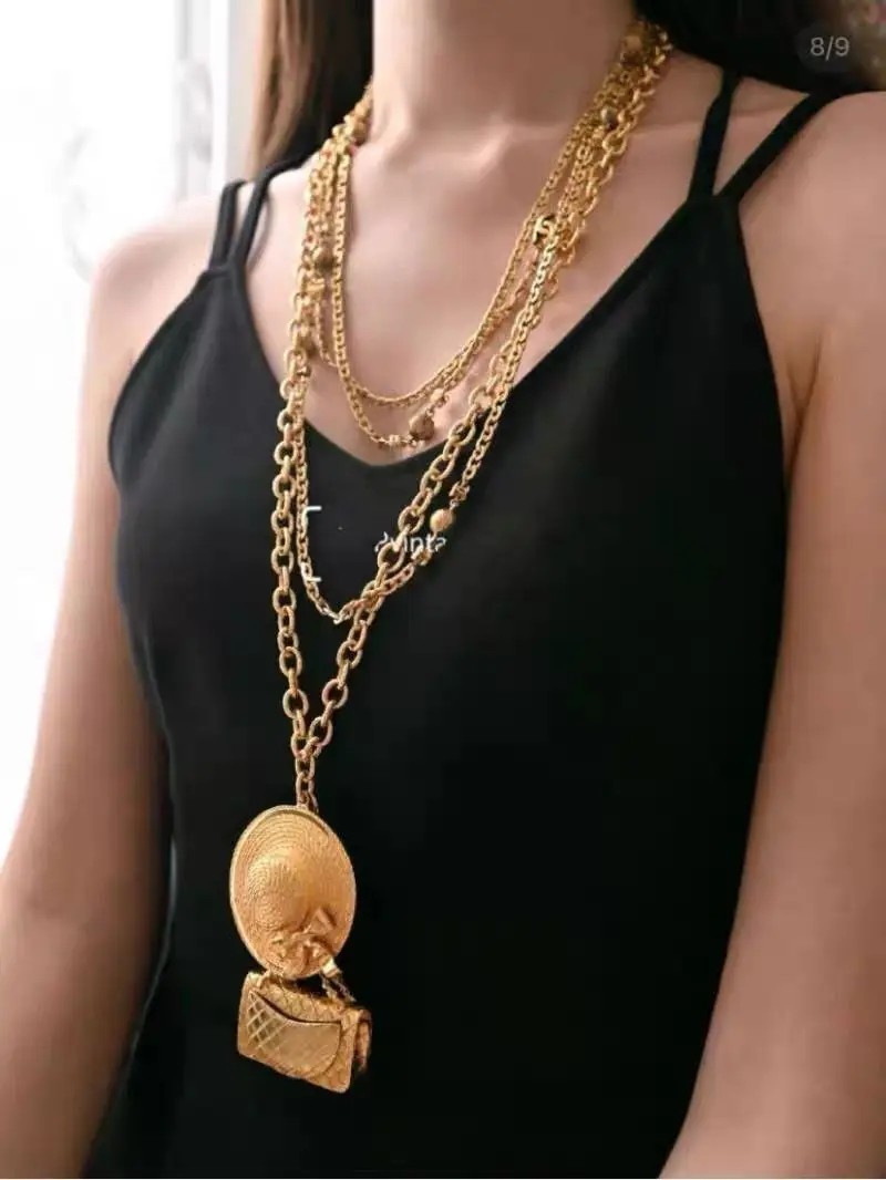 

Brass Plated 24K Gold Straw Hat Bag Pendant Long Women's Necklace Versatile Sweater Chain