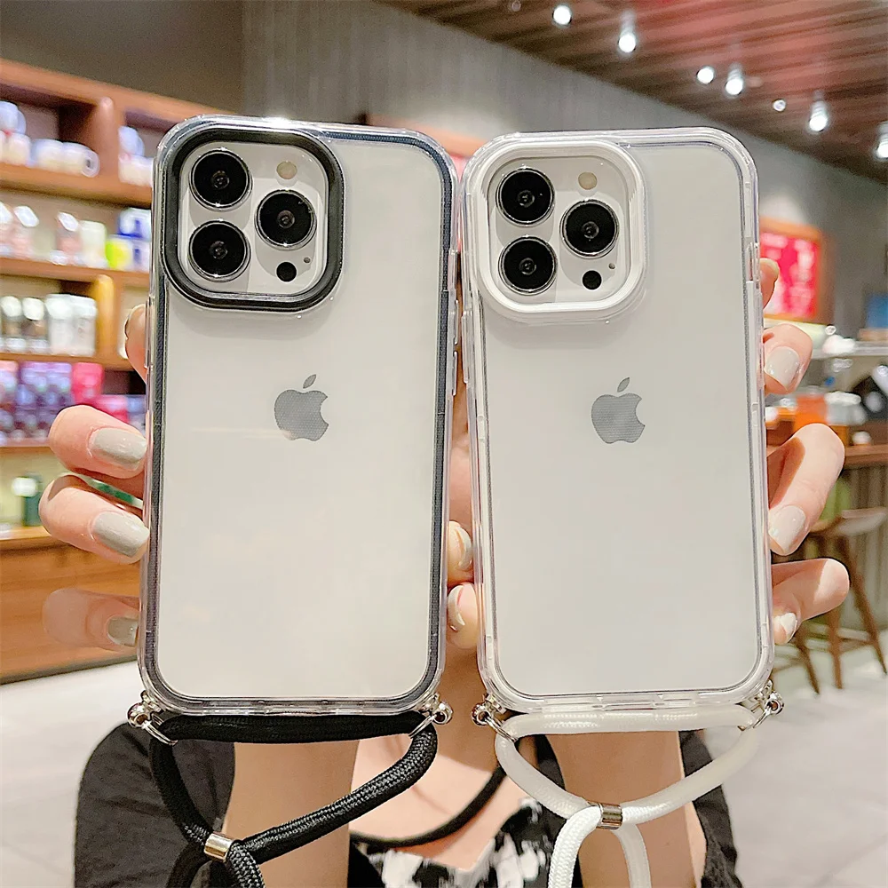 

Candy Color Border Shockproof Phone Case for IPhone 13 12 11 Pro Max XR XS 7 8 Plus Capa with Lanyard Soft TPU Clear Back Cover