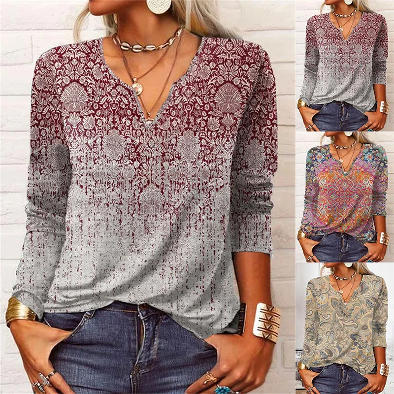 

Женская свободная футболка с длинным рукавом, осенне-зимняя футболка с геометрическим цветочным принтом и V-образным вырезом, Женская Повсе...