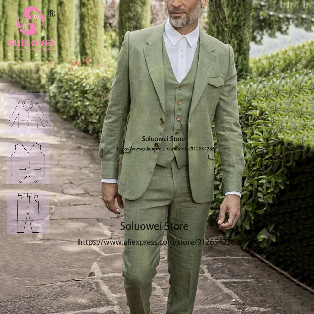 Мужской деловой костюм из трех предметов элегантный льняной пиджак жилет и брюки
