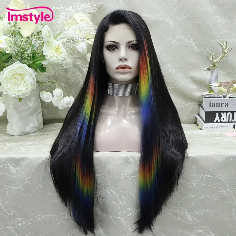 Imstyle черный парик прямой синтетический кружевной передний хайлайтер красочный