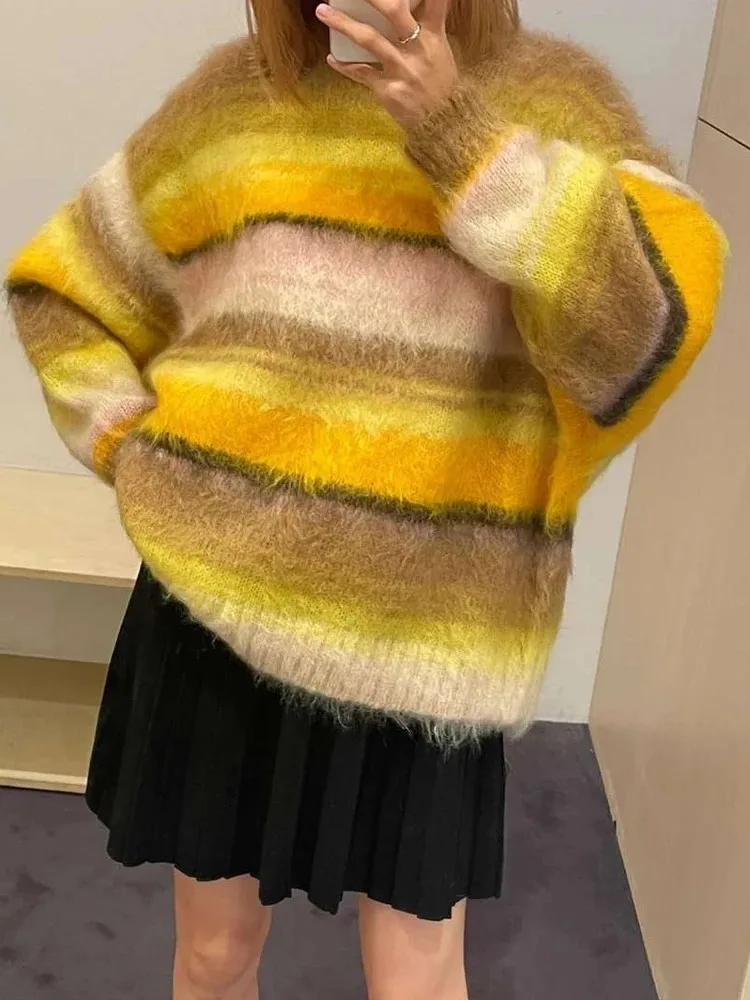 

RDMQ Striped Sweater Women Pullover O-neck Knitted Oversize Autumn Winter Loose Soft Sweaters Female Elegant Casual Jumper