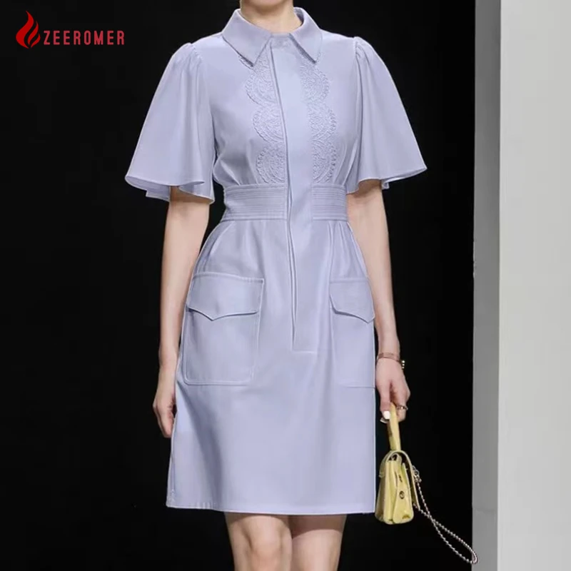 

2022 Summer high End Elegant Lapel Shirt Dress Simple Solid Office Lady Lace Patchwork Ruffles Sleeve Temperament A Line Dress