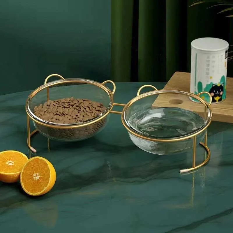 

Cat Food Double Single Glass Bowl Feed Water Storage High with Metal Raised Elevated Stand Non Slip Mat Transparent Dog Pet Shop