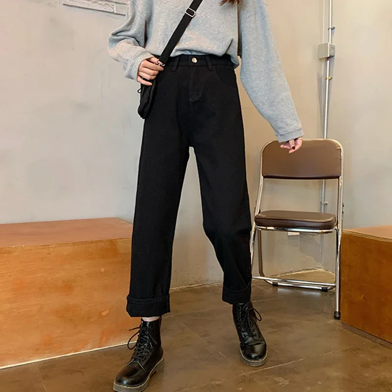 Женские джинсы в корейском стиле с высокой талией и широкими штанинами. Модные