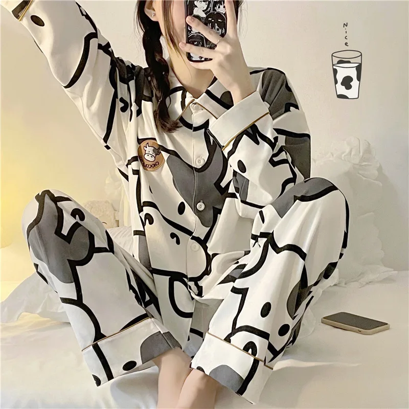Cow Print Pajamas Two Piece Set Spring Summer Pijamas Women Cotton Cute Home Clothes Pyjamas Sleepwear Japanese Style Kawaii