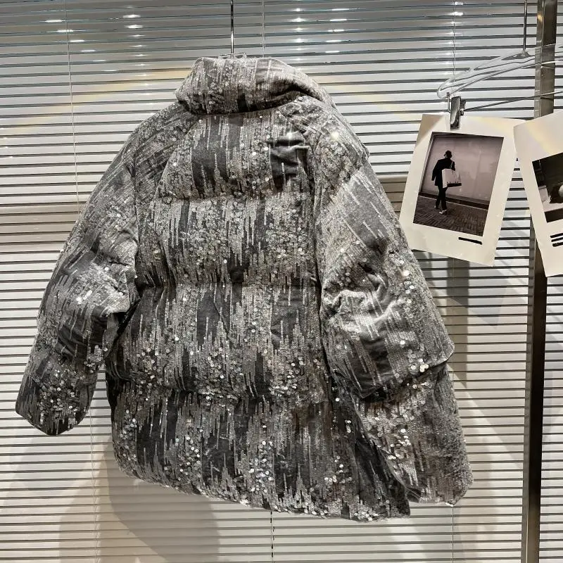 Fashion Sequins Warm-Keeping Cotton Coat for Ladies 2022 Winter New Versatile Stand Collar Long Sleeve Loose Jacket Women's