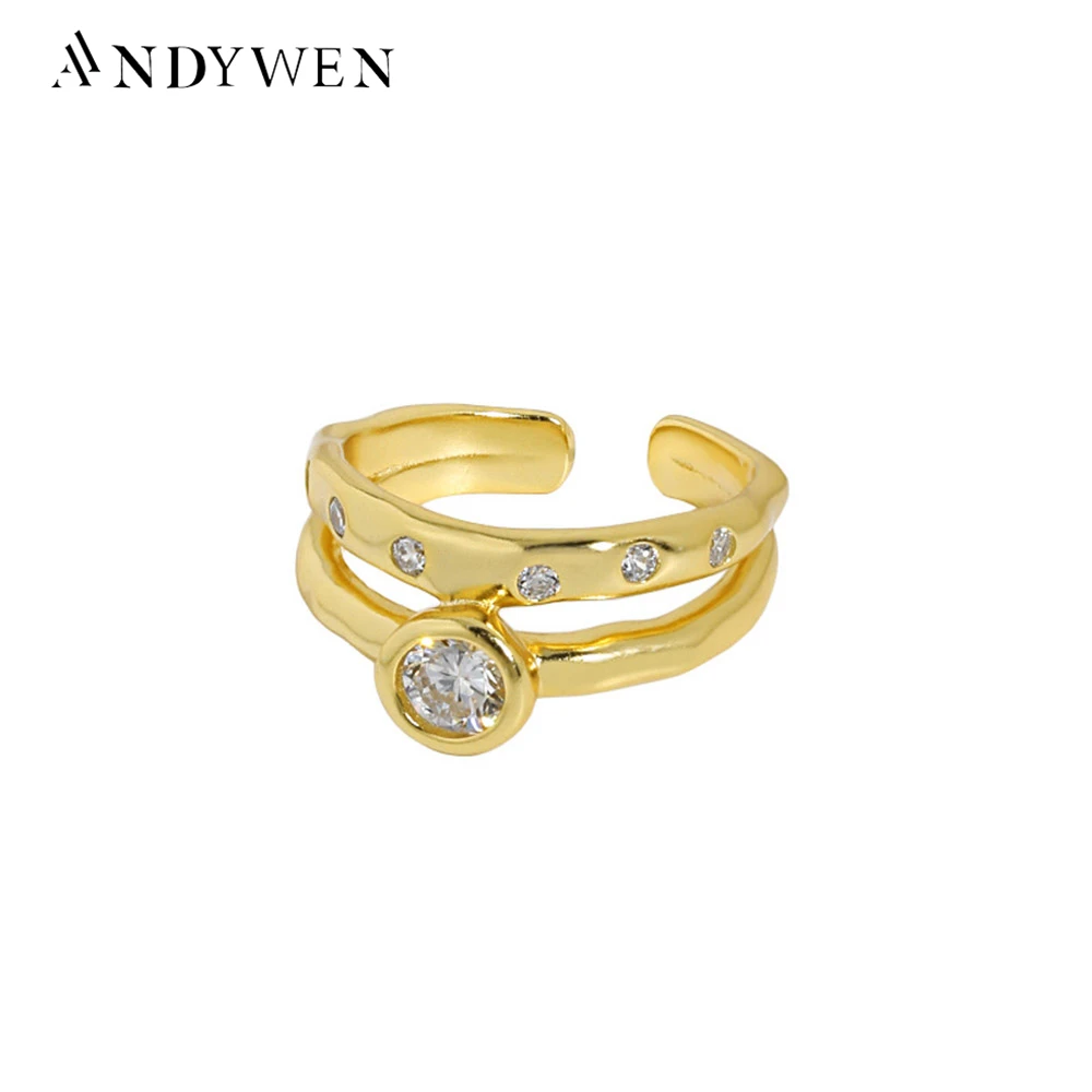 

ANDYWEN 925 Sterling Silver Gold Double Line Zircon Geometric irregular Resizable Rings Women Luxury Jewelry For Women Party