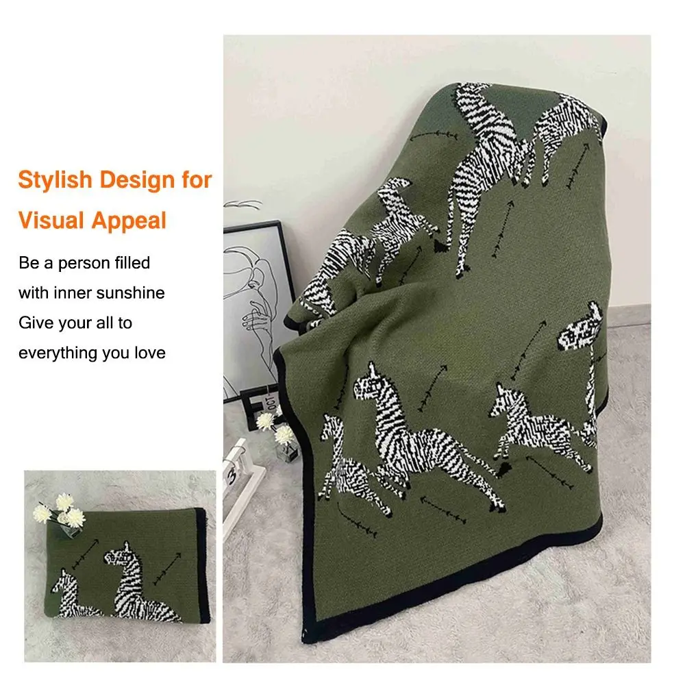 Винтажное вязаное одеяло в виде зебры мягкое уютное темно-зеленое легкое
