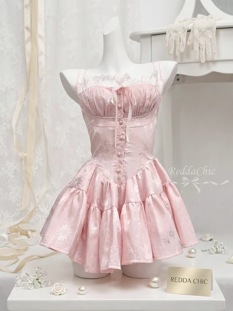 Фото REDDACHiC Милое цветочное платье-корсет для летних вечеринок, розовое атласное комбинированное кружевное мини-платье-комбинезон с рюшами, женское цельное платье Desire №5
