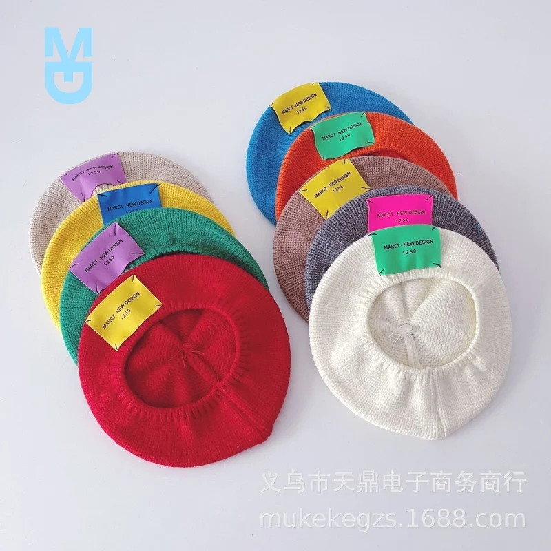 

New 2022 Children's Knitted Autumn and Winter Boys and Girls Baby Concave Shape Navy Hat Color Label Wool Hats