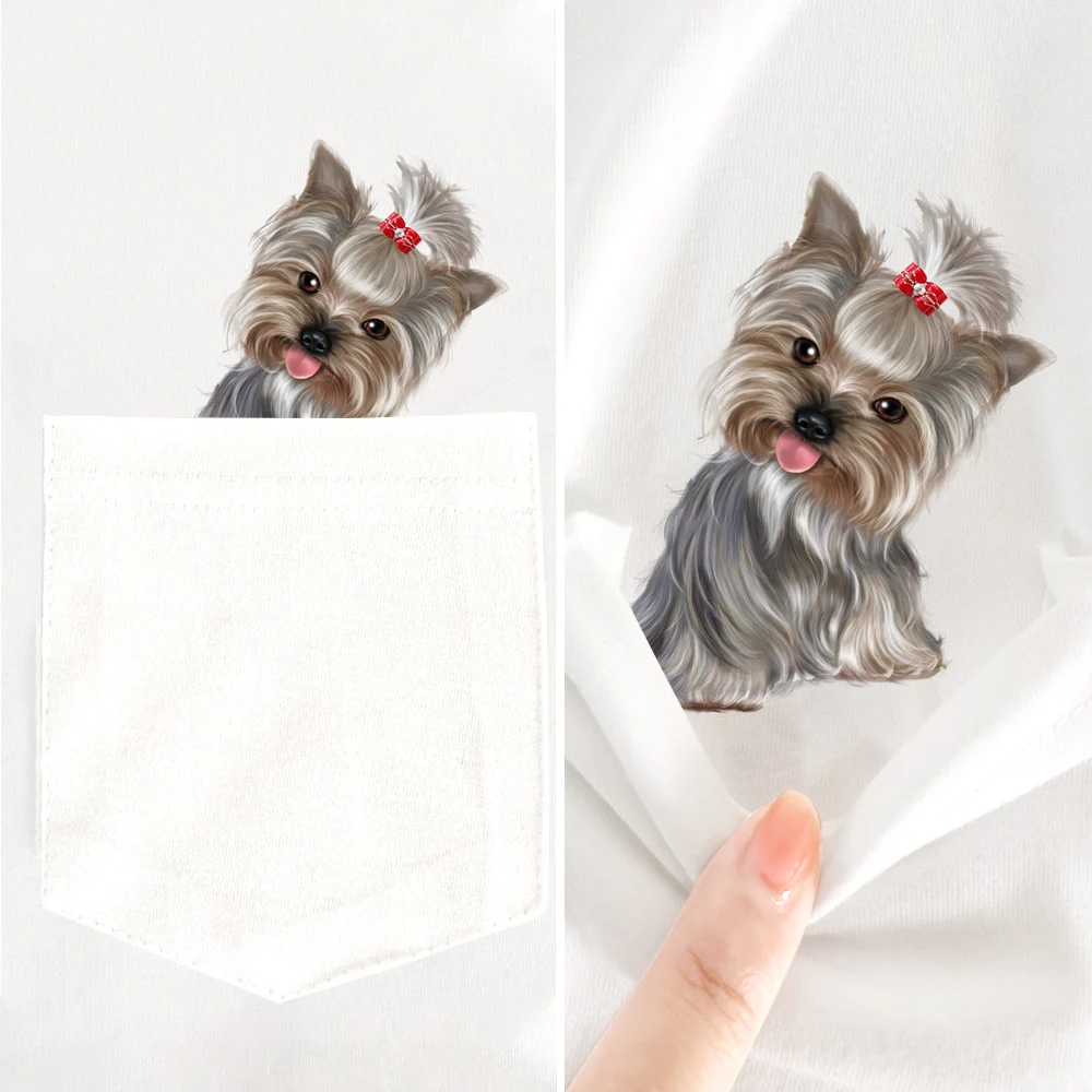 

CLOOCL Fashion Brand Cotton T-Shirt Cartoon Animals Gray Yorkshire Pocket T-shirts Harajuku Woman Tshirts Graphic Tee