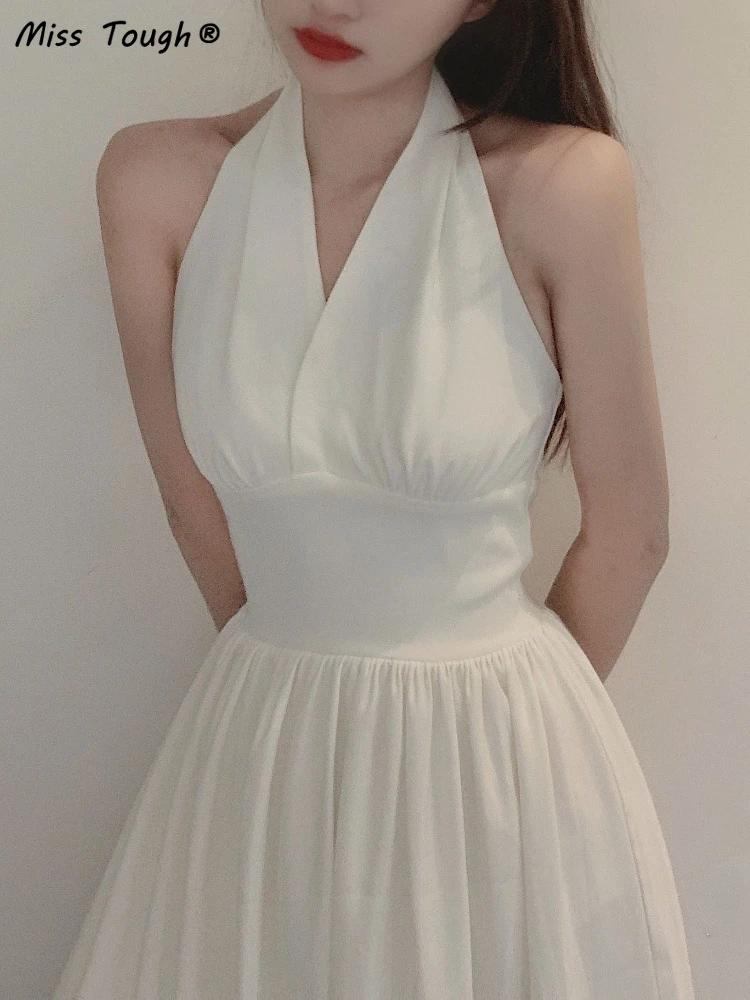 

White France Vintage Elegant Dress Women Backless Korean Sexy Party Midi Dresses Casual Designer Retro Halter Dress Summer 2022