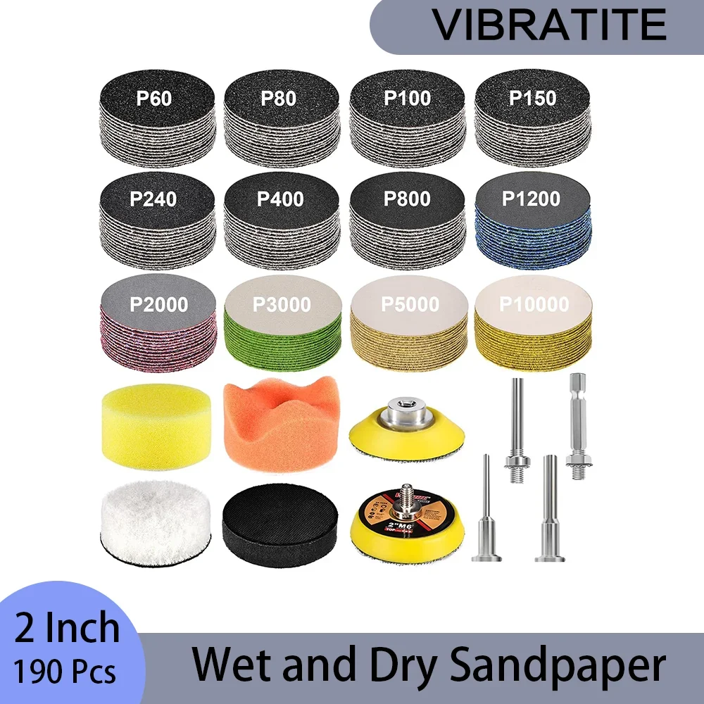 

2-дюймовый шлифовальный диск с крючком и петлей, 190 шт., зернистость от 60 до 10000, влажная и сухая наждачная бумага с губкой для подкладки для автометалла