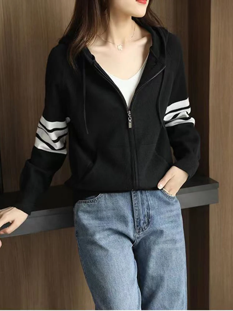 

Осенне-зимний новый свитер шерстяной кардиган с капюшоном женское повседневное свободное вязаное пальто на молнии женский свитер с капюшоном и длинными рукавами