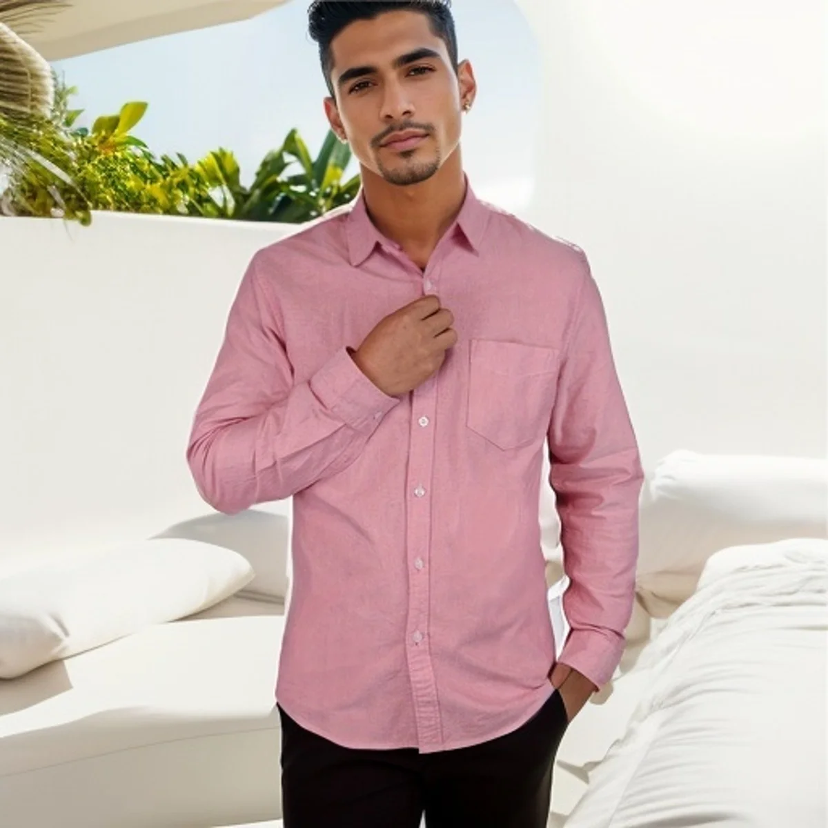 Мужская хлопковая рубашка из ткани Оксфорд повседневная однотонная приталенная