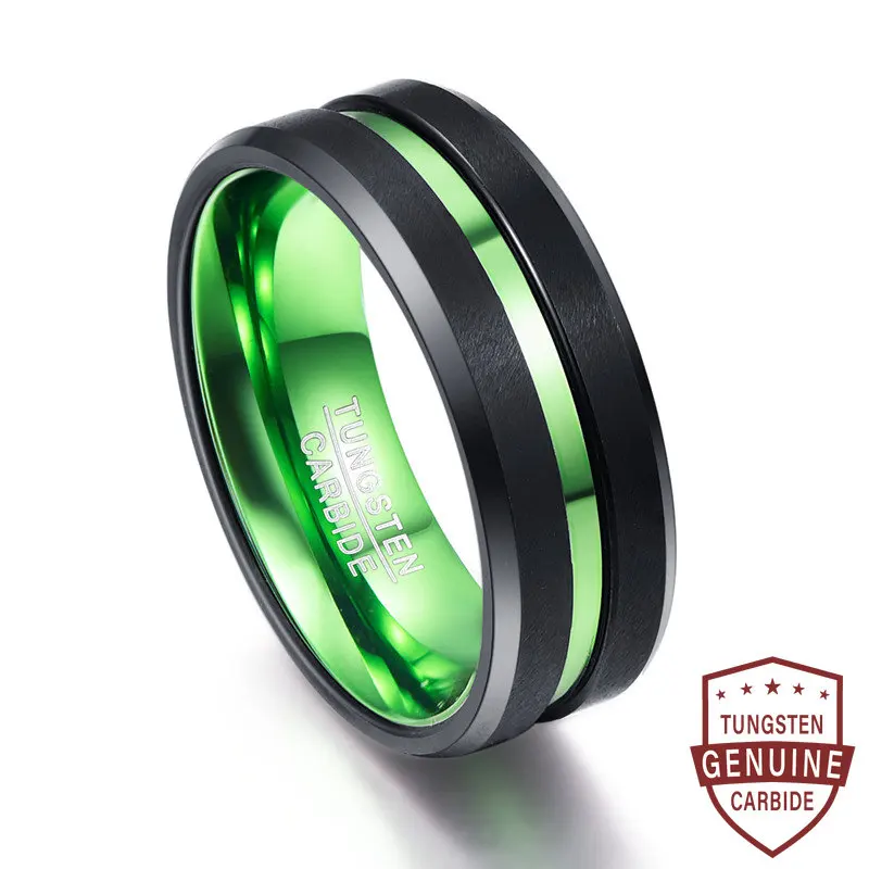 

NUNCAD Men's Black Matte High Polish Tungsten Carbide Ring Green Groove Polished Beveled Edges Ring Comfort Fit Size 6-16
