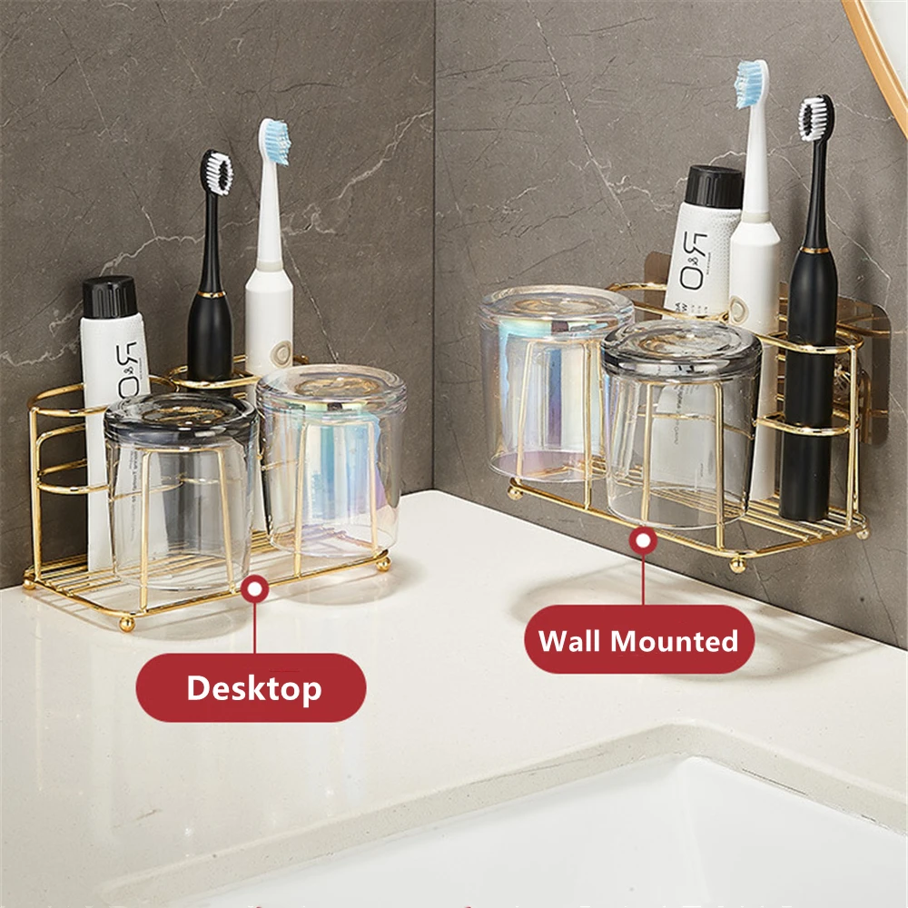 

Gold Toiletry Shower Storage Shelves Wall Mount Toothbrush Holder Wash Cup Toothpaste Shelf Stand Rack for Bathroom Accessories