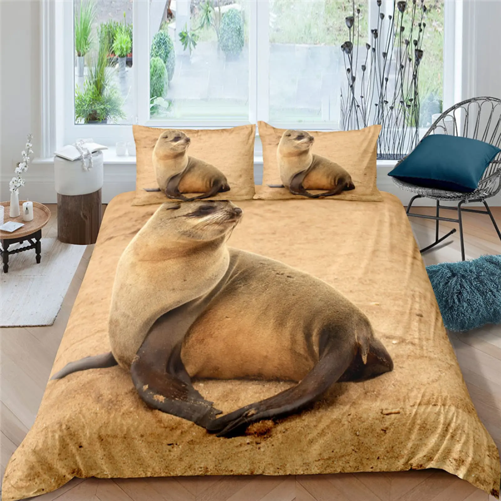 

Sea Lion Duvet Cover King/Queen Size, Sea Lion Sleeping on The Sea Print Bedding Set for Kids Boys, Animals Quilt Cover cute